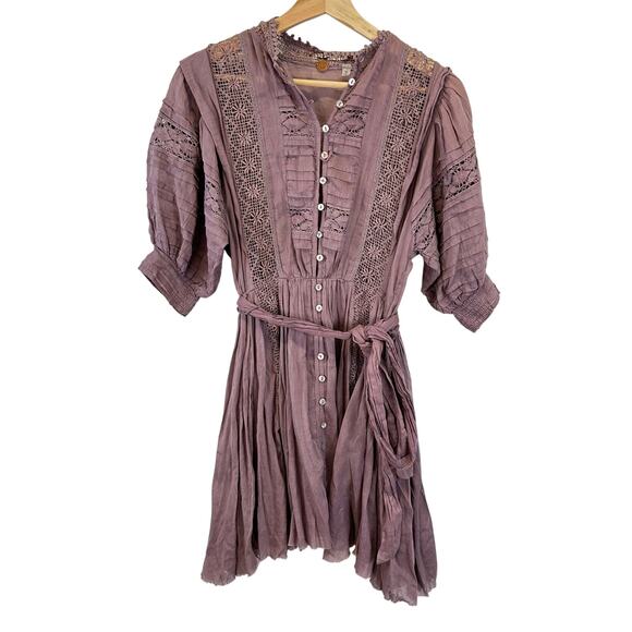 Free People Purple Button Front 3/4 Sleeve Lace Dress Womens Size Small Boho - Picture 1 of 16